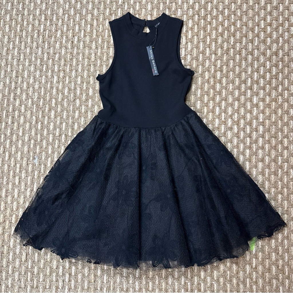 Miss Behave Girls Black Lace Tulle Dress Sleeveless Stretchy Exposed Zip Sz 14